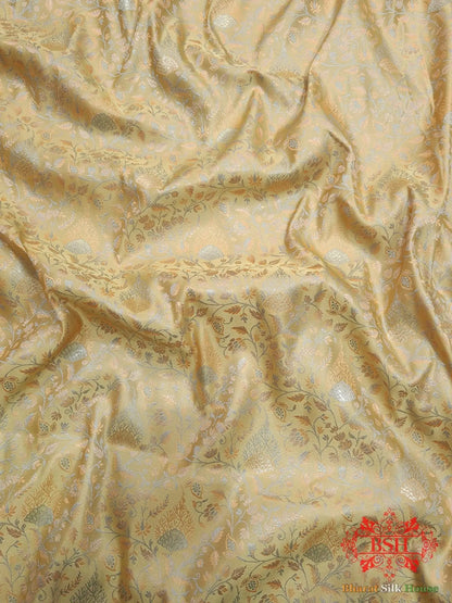 Beige Dohri Resham Zari Booti Tanchoi Silk Saree - Bharat Silk House Tanchoi katan