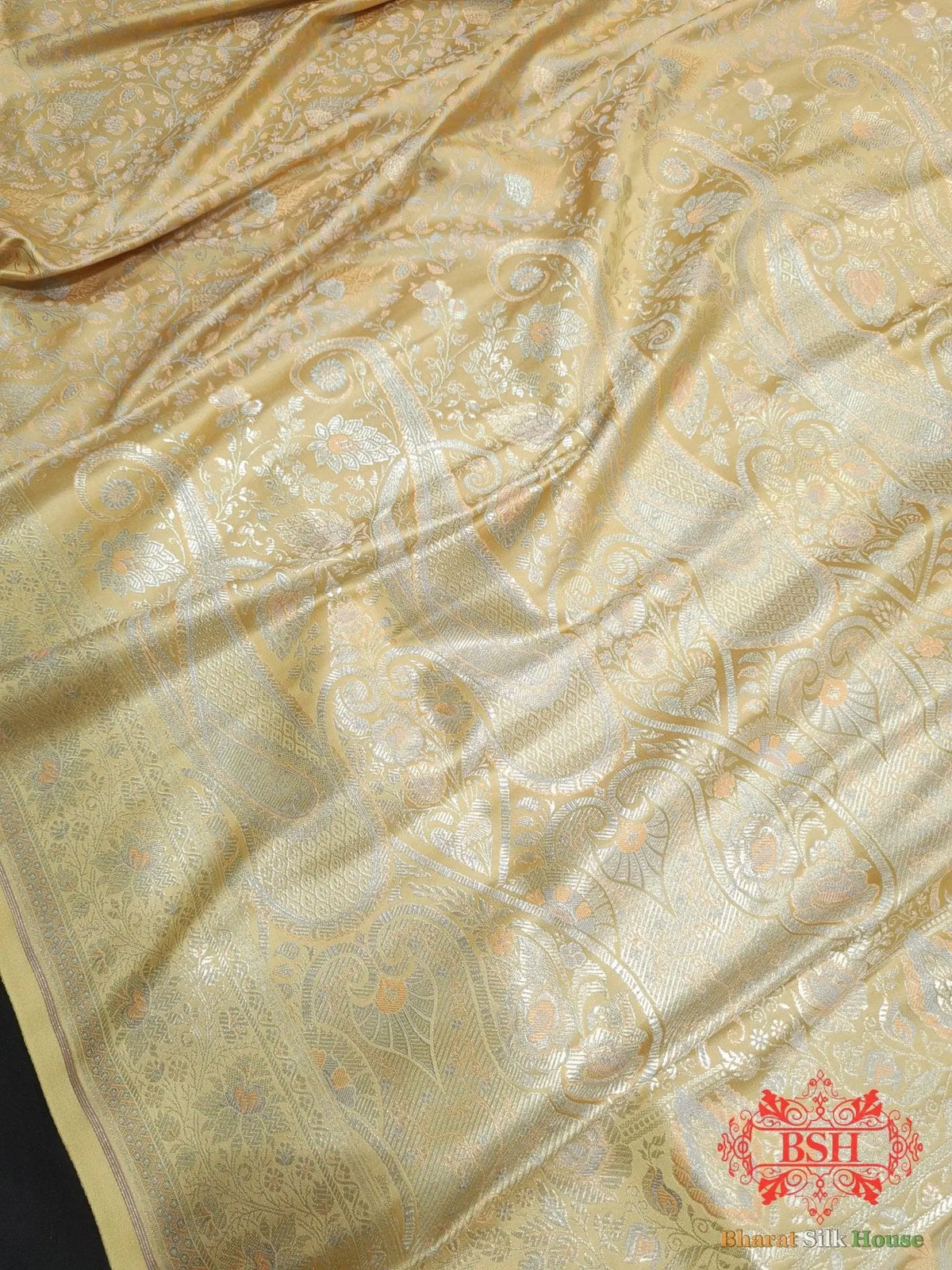 Beige Dohri Resham Zari Booti Tanchoi Silk Saree - Bharat Silk House Tanchoi katan