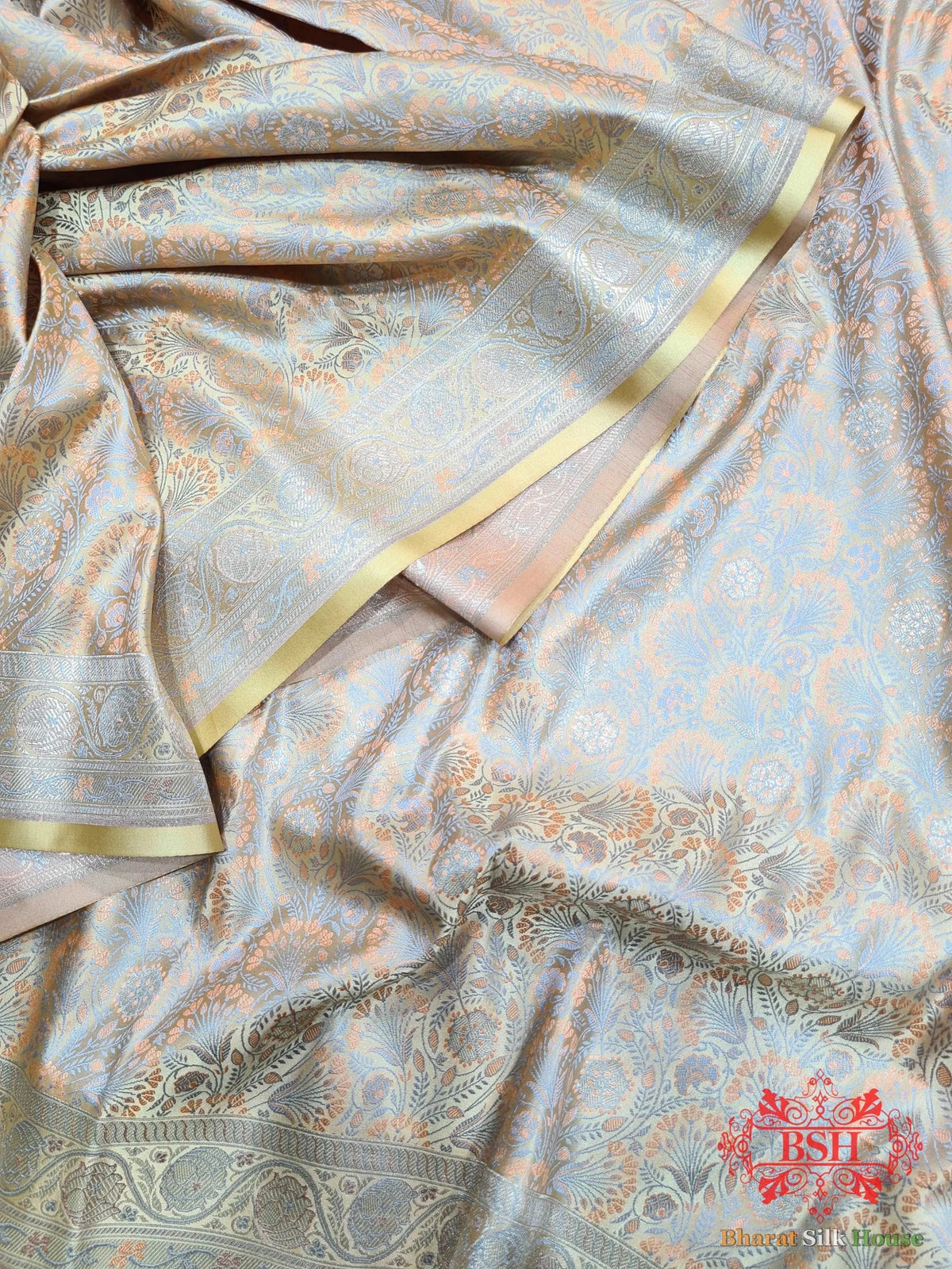 Beige Dohri Resham Zari Booti Tanchoi Silk Saree - Bharat Silk House Tanchoi katan