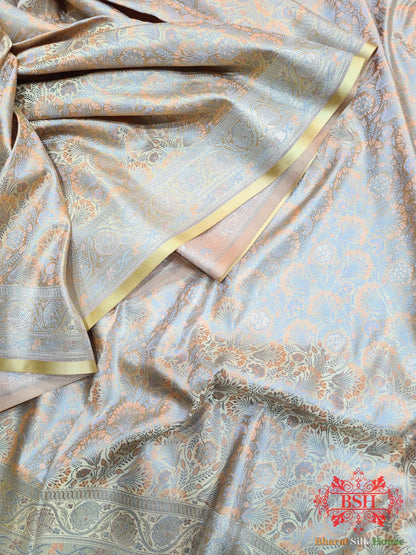 Beige Dohri Resham Zari Booti Tanchoi Silk Saree - Bharat Silk House Tanchoi katan