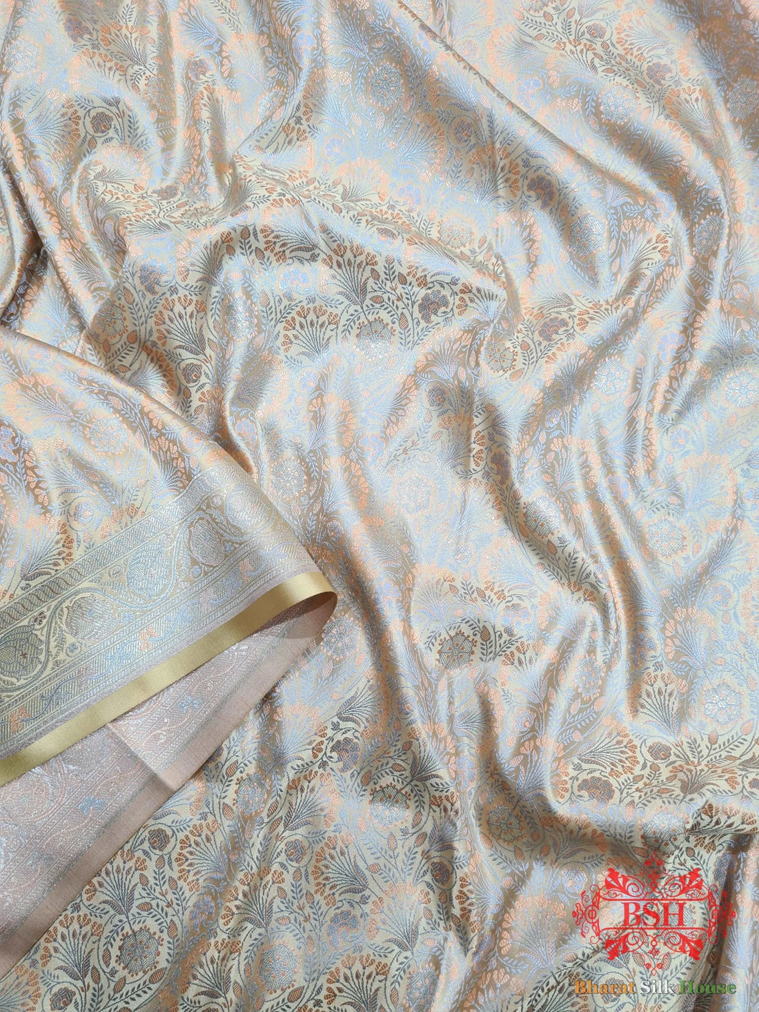 Beige Dohri Resham Zari Booti Tanchoi Silk Saree - Bharat Silk House Tanchoi katan