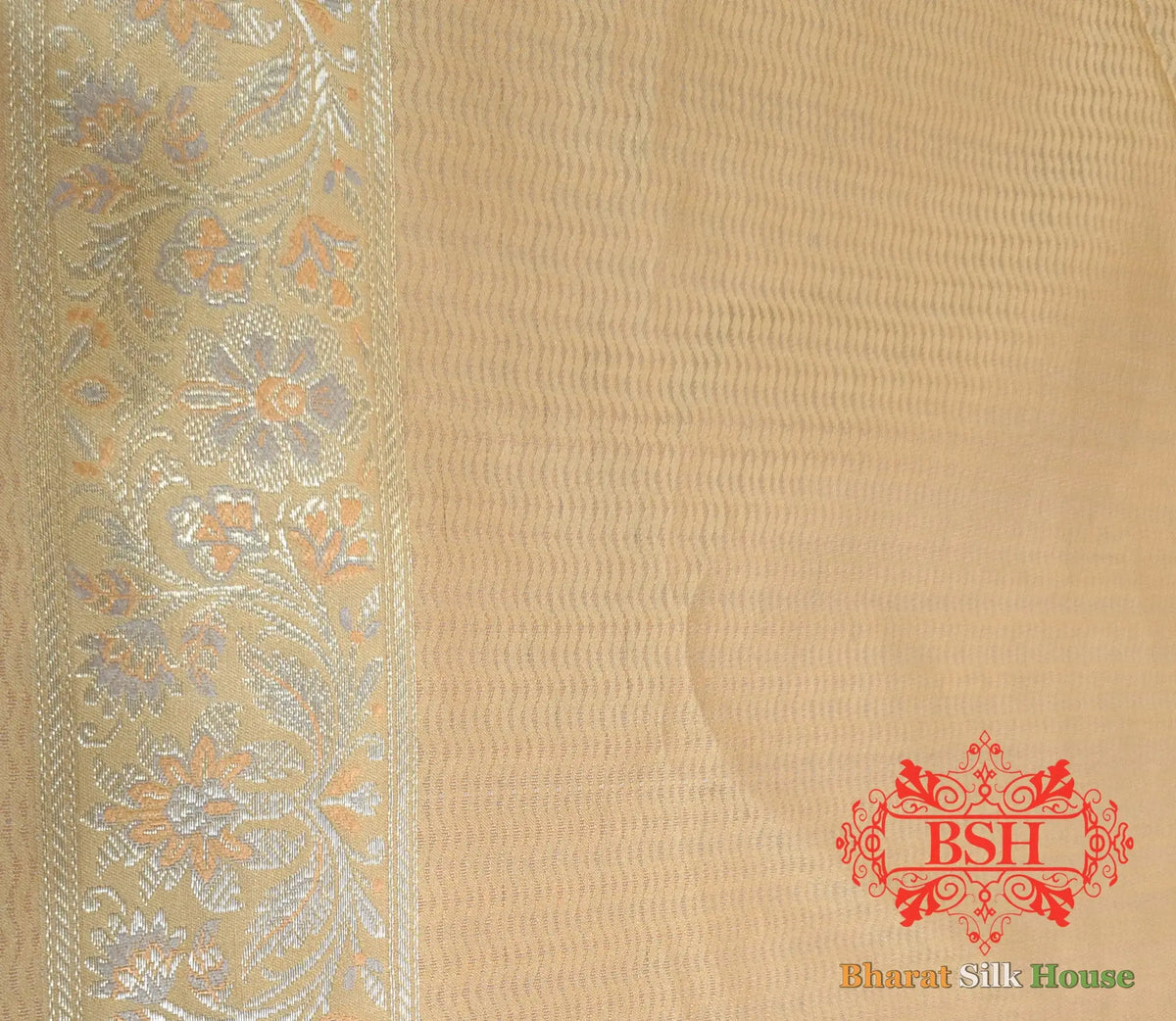 Beige Dohri Resham Zari Booti Tanchoi Silk Saree - Bharat Silk House Tanchoi katan