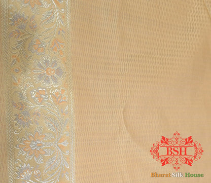 Beige Dohri Resham Zari Booti Tanchoi Silk Saree - Bharat Silk House Tanchoi katan