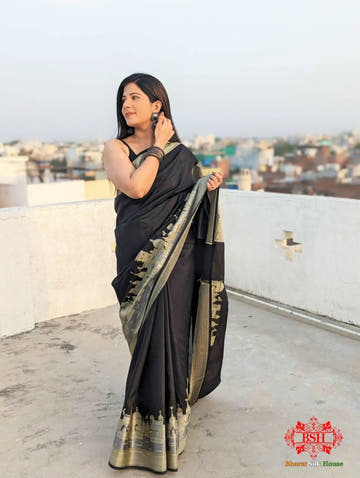 Black Banaras Ghats Weaved Silk Saree - Bharat Silk House Semi-Silk