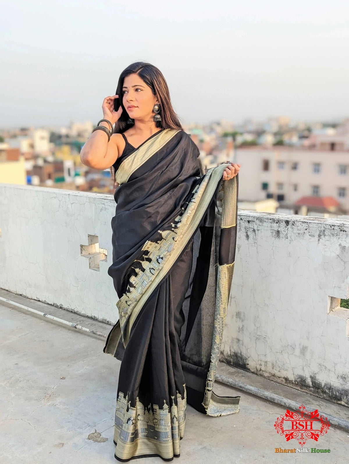 Black Banaras Ghats Weaved Silk Saree - Bharat Silk House Semi-Silk