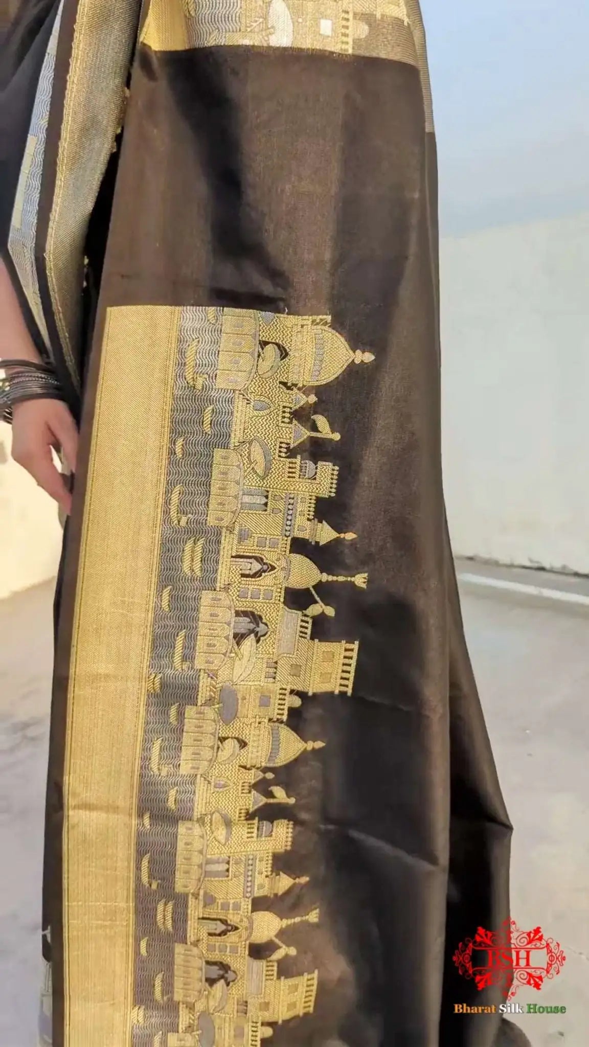 Black Banaras Ghats Weaved Silk Saree - Bharat Silk House Semi-Silk