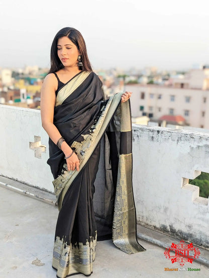 Black Banaras Ghats Weaved Silk Saree - Bharat Silk House Semi-Silk
