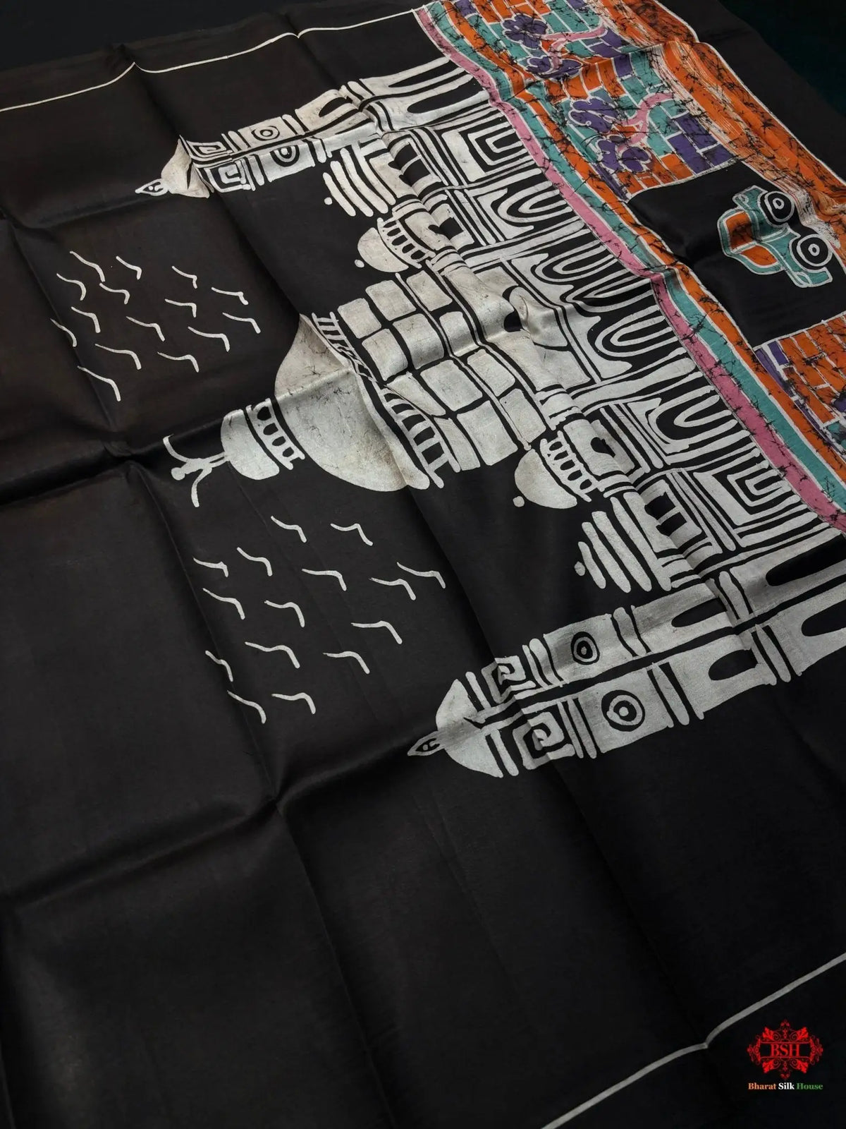 Black Colour Pure Katan Lightweight Digital Art Summer Wear Saree - Bharat Silk House Pure Kataan Silk
