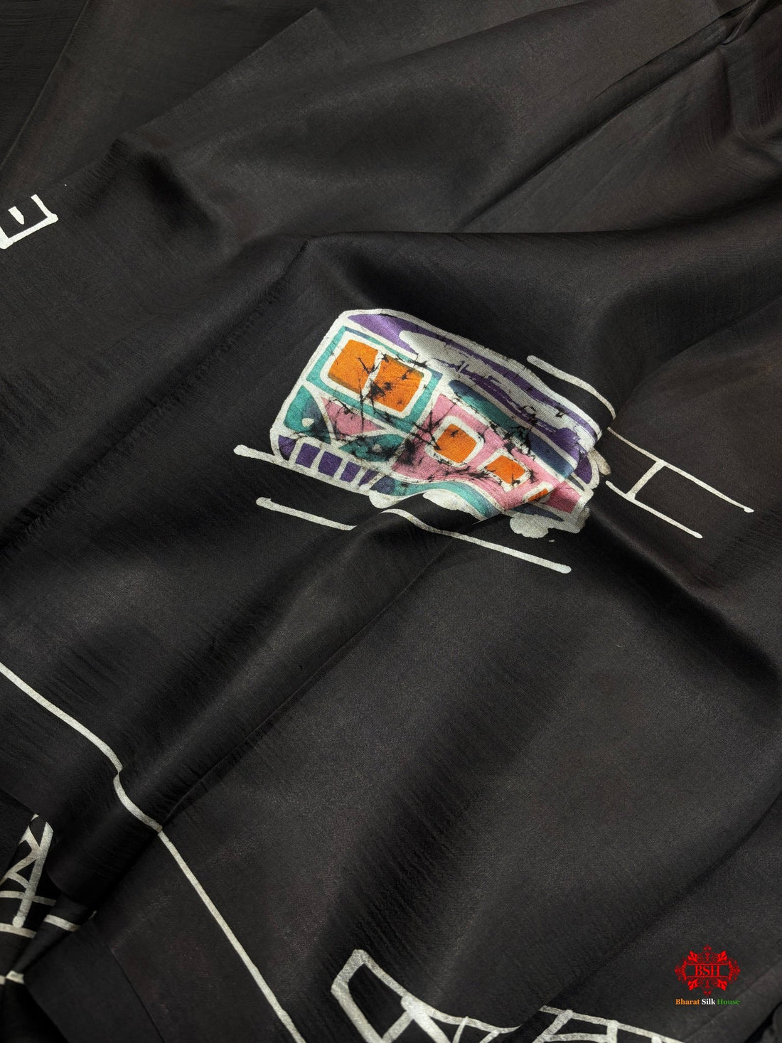 Black Colour Pure Katan Lightweight Digital Art Summer Wear Saree - Bharat Silk House Pure Kataan Silk