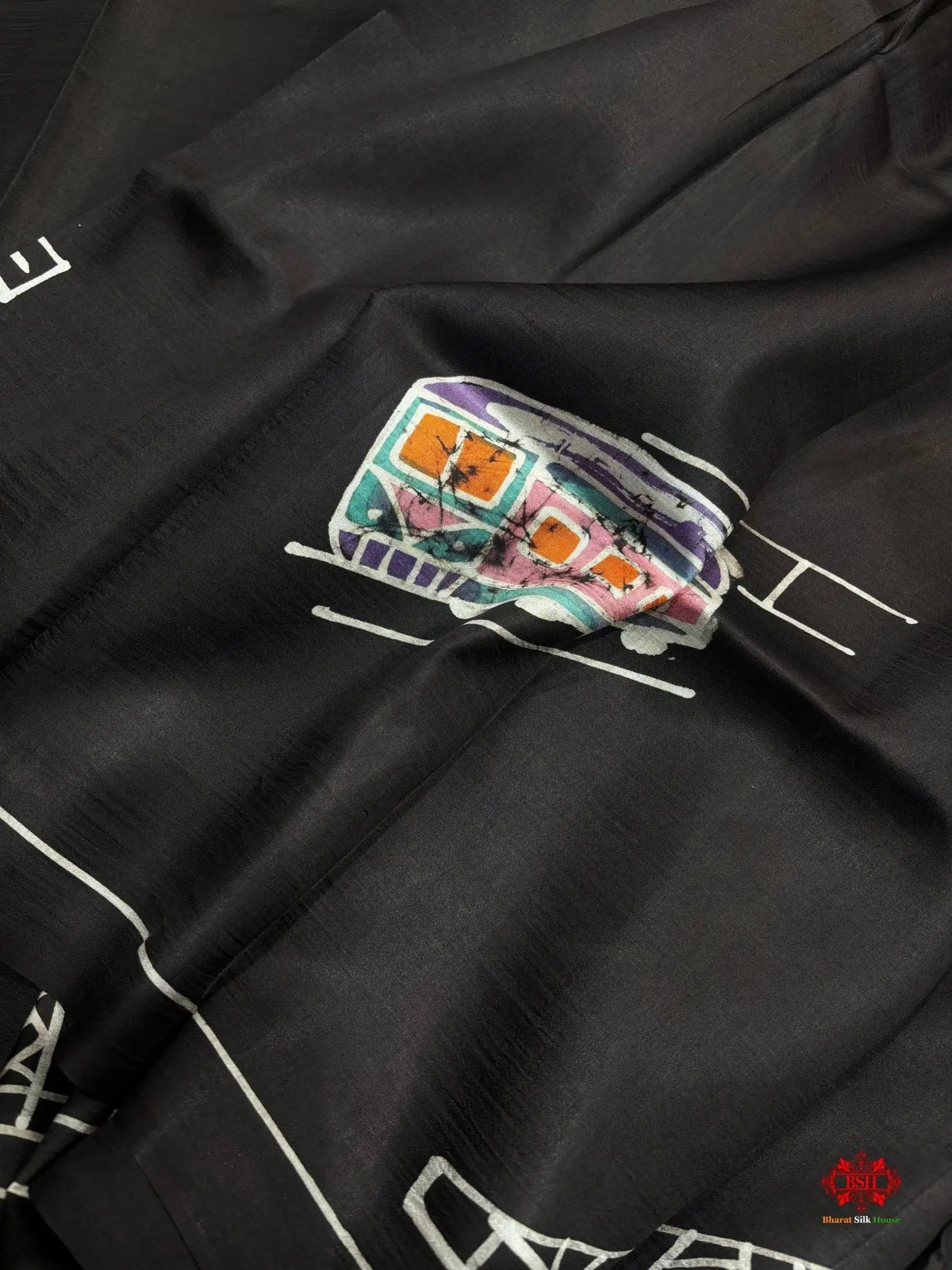 Black Colour Pure Katan Lightweight Digital Art Summer Wear Saree - Bharat Silk House Pure Kataan Silk