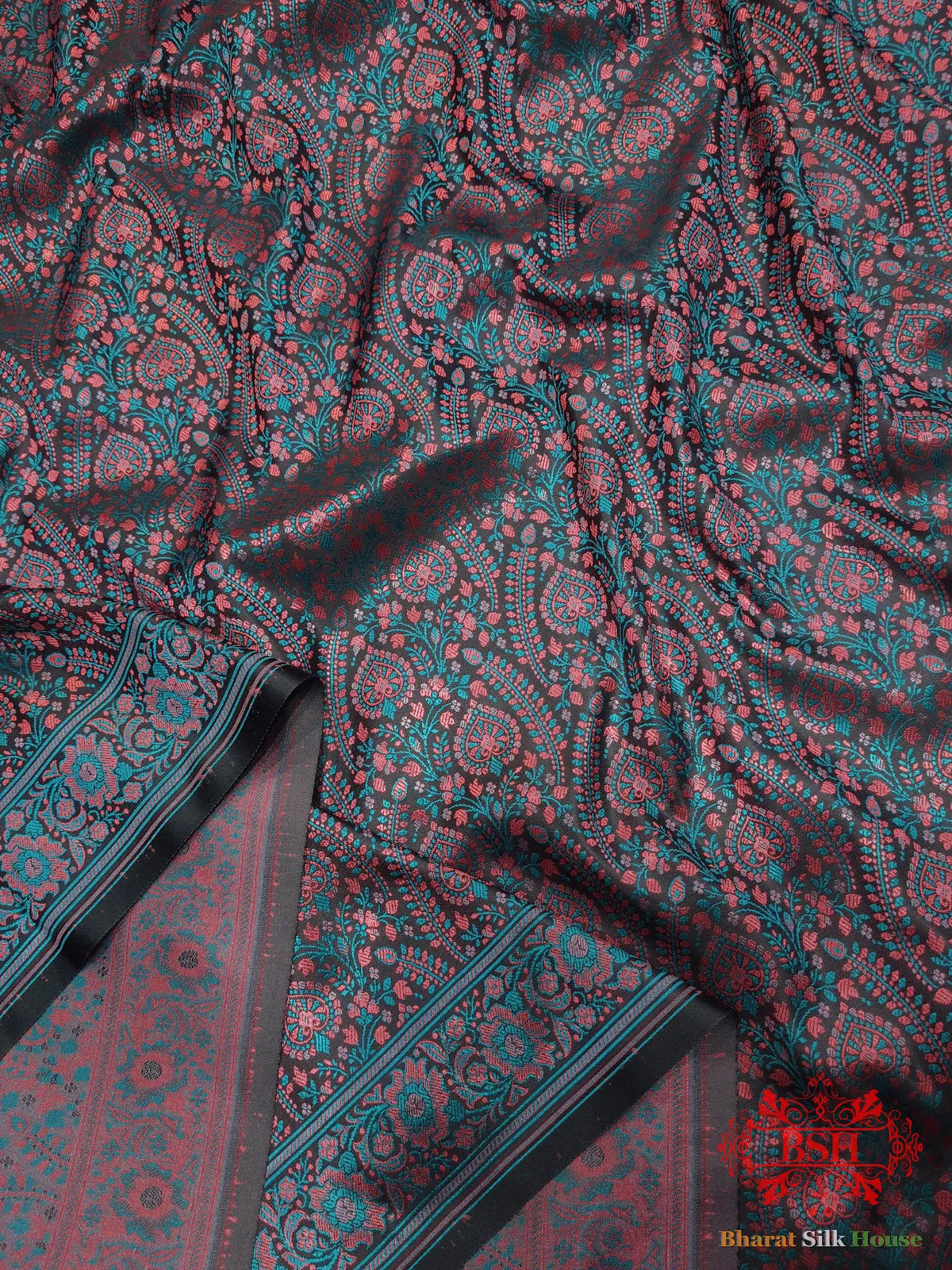 Black Dohri Resham Booti Tanchoi Silk Saree - Bharat Silk House Tanchoi katan