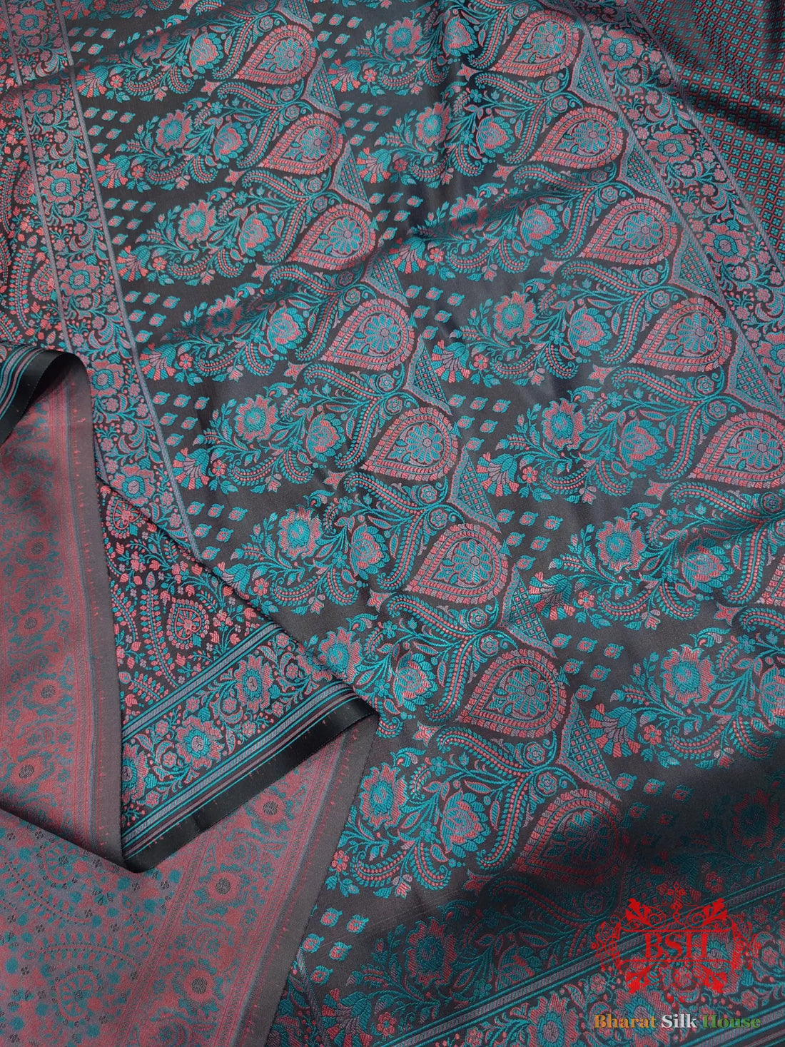Black Dohri Resham Booti Tanchoi Silk Saree - Bharat Silk House Tanchoi katan