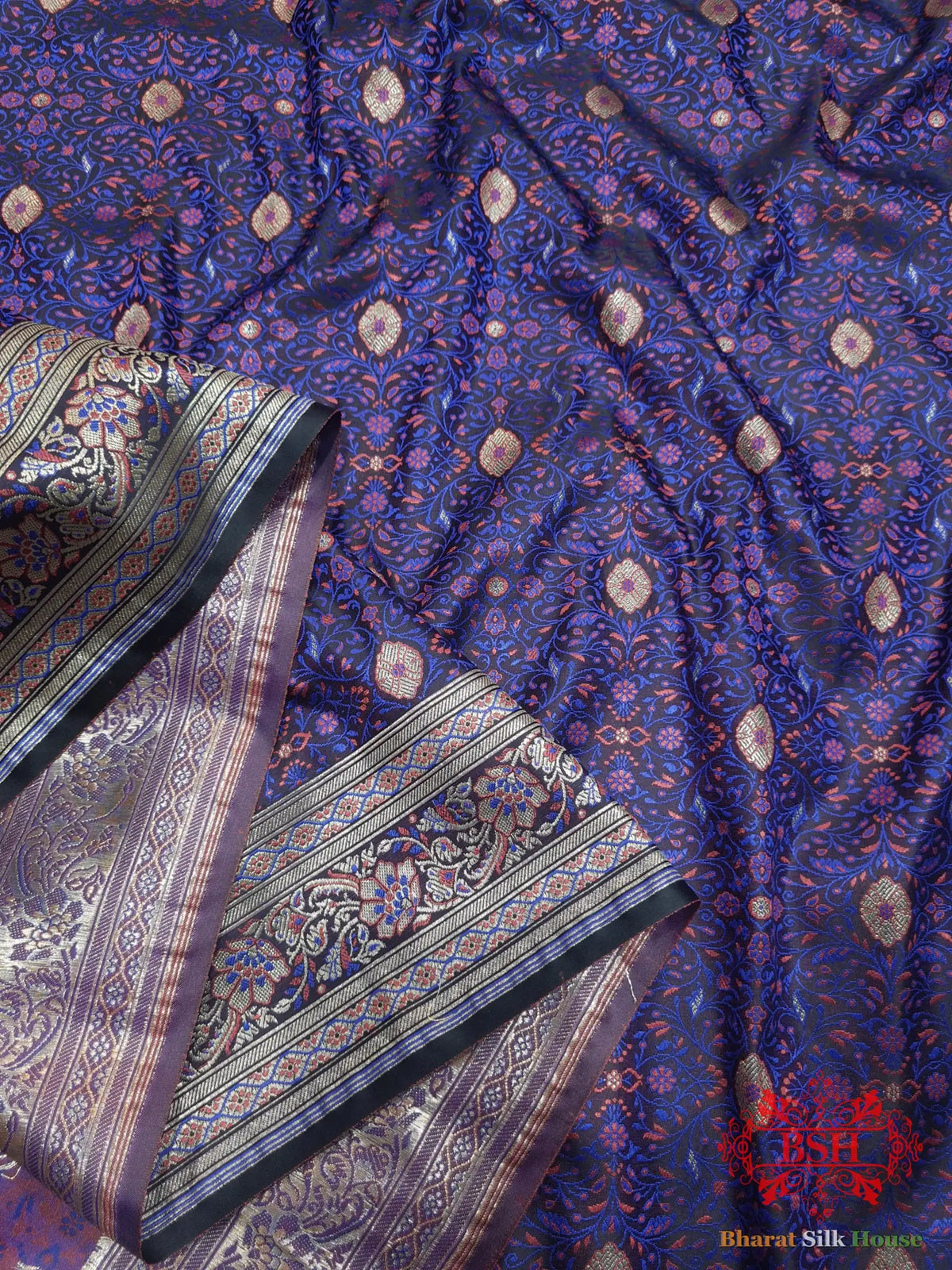 Black Dohri Resham Zari Booti Tanchoi Silk Saree - Bharat Silk House Tanchoi katan