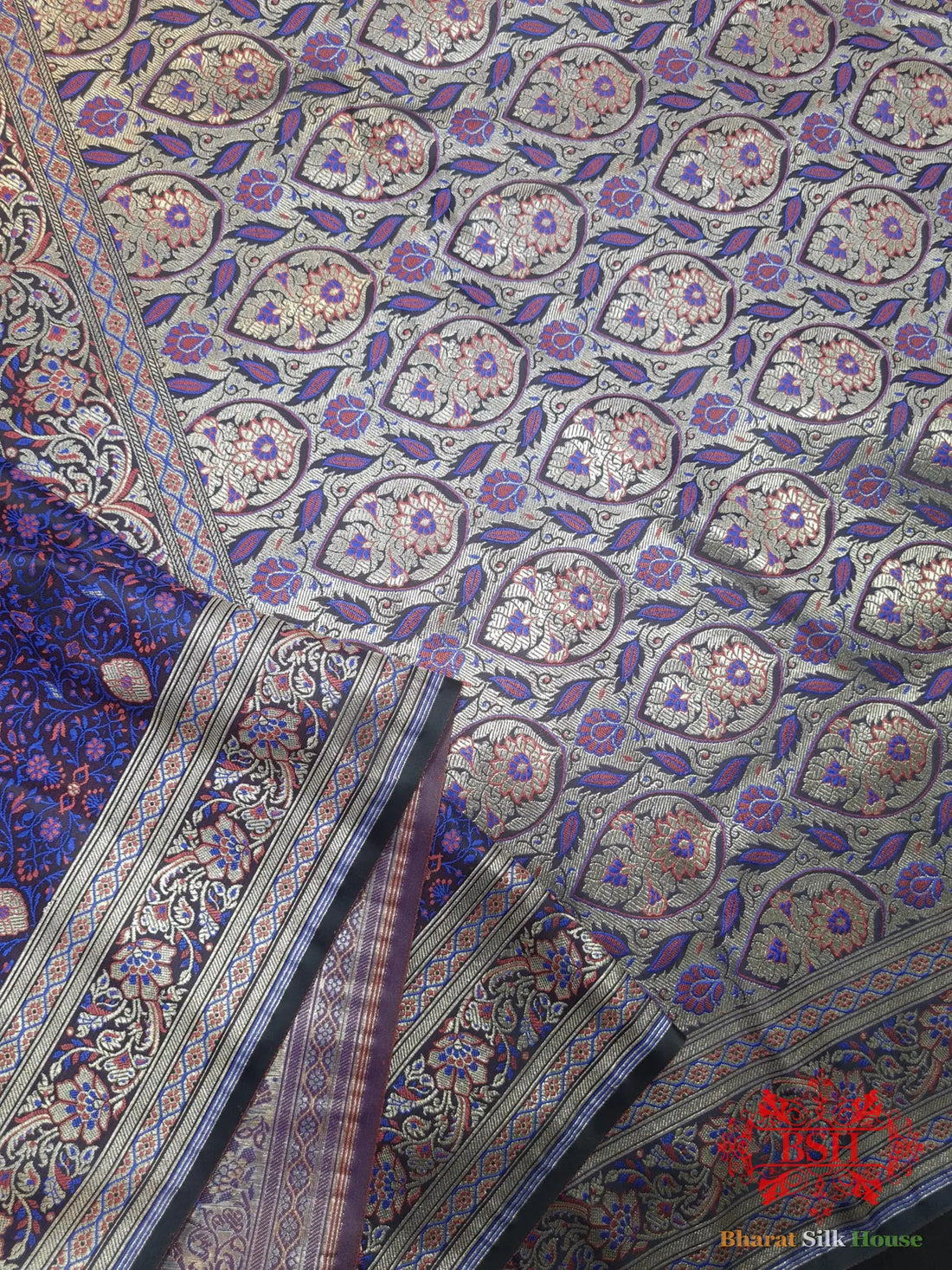 Black Dohri Resham Zari Booti Tanchoi Silk Saree - Bharat Silk House Tanchoi katan
