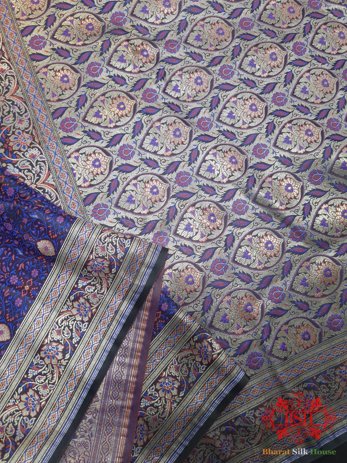 Black Dohri Resham Zari Booti Tanchoi Silk Saree - Bharat Silk House Tanchoi katan