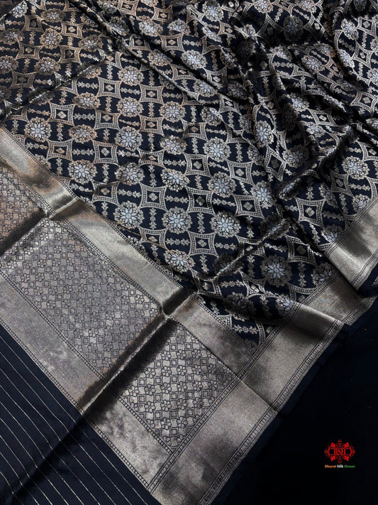 Black Handwoven Pure Banarasi Silk Dupatta - Bharat Silk House Pure Kataan Silk
