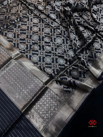 Black Handwoven Pure Banarasi Silk Dupatta - Bharat Silk House Pure Kataan Silk