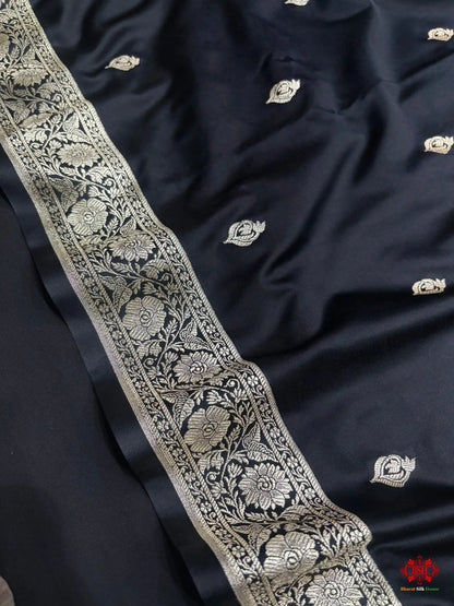 Black Mashru Silk All Over Booti With Jaal Blouse Design Saree - Bharat Silk House Mashroo Silk