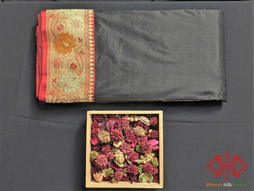 Black Pure Katan Silk Banarasi Saree - Bharat Silk House Pure Kataan Silk
