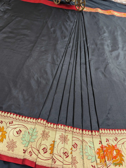 Black Pure Katan Silk Banarasi Saree - Bharat Silk House Pure Kataan Silk