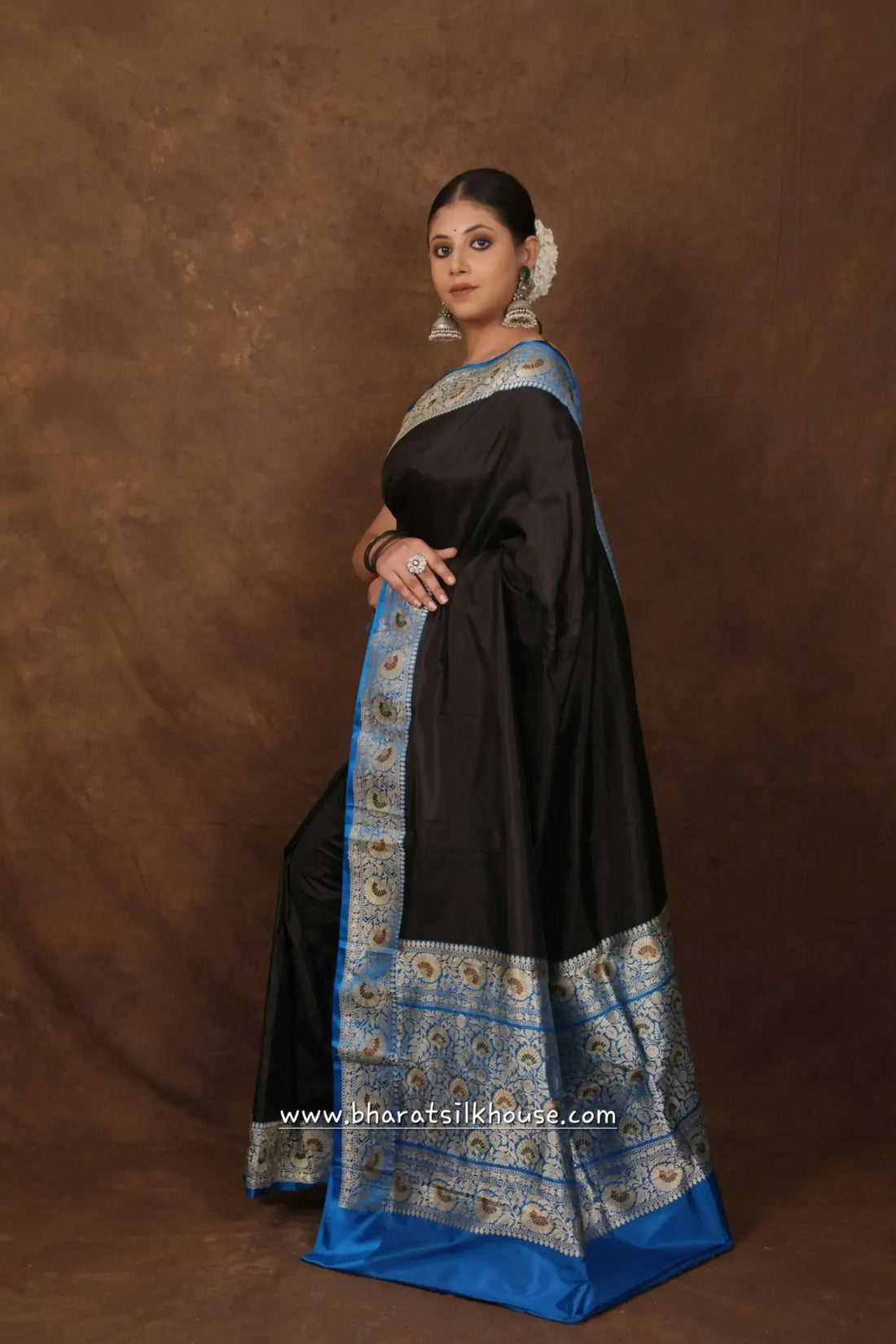 Black Pure Katan Silk Banarasi Saree - Bharat Silk House Pure Kataan Silk