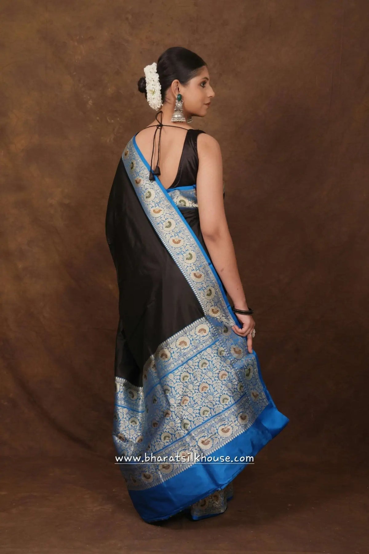 Black Pure Katan Silk Banarasi Saree - Bharat Silk House Pure Kataan Silk