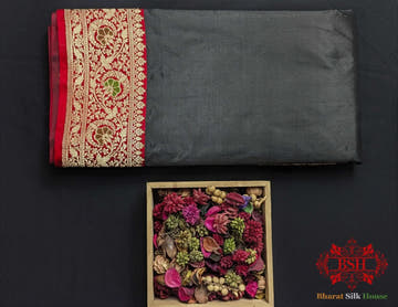 Black Pure Katan Silk Banarasi Saree - Bharat Silk House Pure Kataan Silk