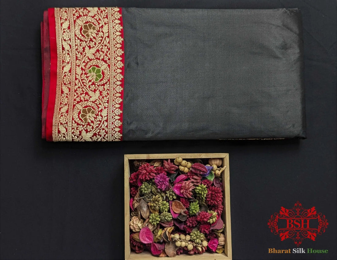 Black Pure Katan Silk Banarasi Saree - Bharat Silk House Pure Kataan Silk