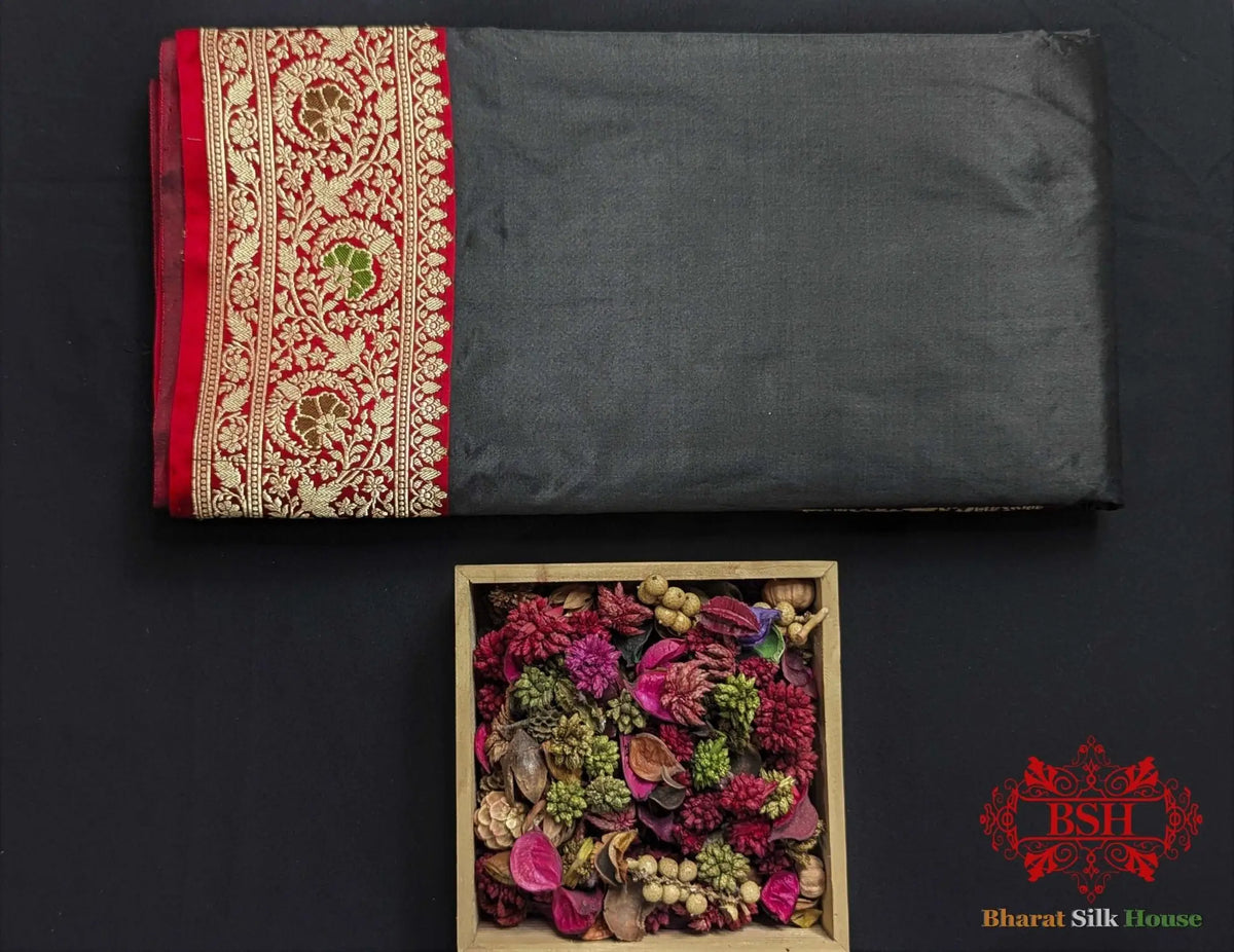 Black Pure Katan Silk Banarasi Saree - Bharat Silk House Pure Kataan Silk
