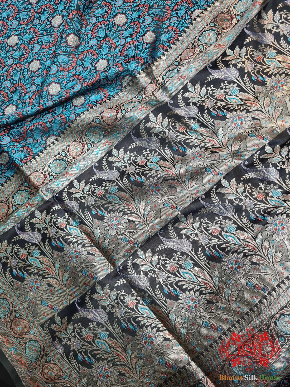 Black Shaded Dohri Resham Zari Booti Tanchoi Silk Saree - Bharat Silk House Tanchoi katan
