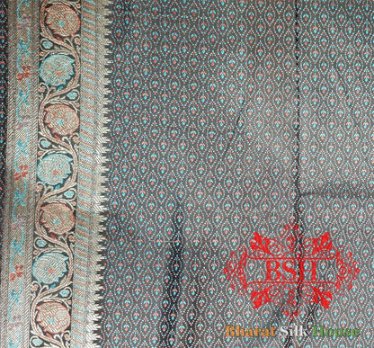 Black Shaded Dohri Resham Zari Booti Tanchoi Silk Saree - Bharat Silk House Tanchoi katan
