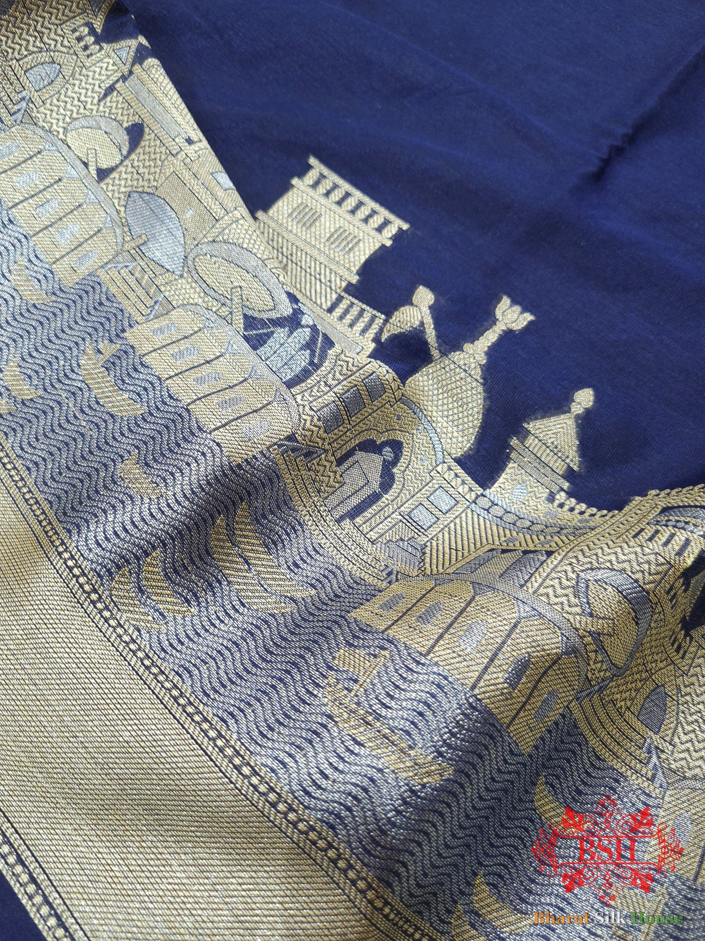 Blue Banaras Ghats Weaved Silk Saree - Bharat Silk House