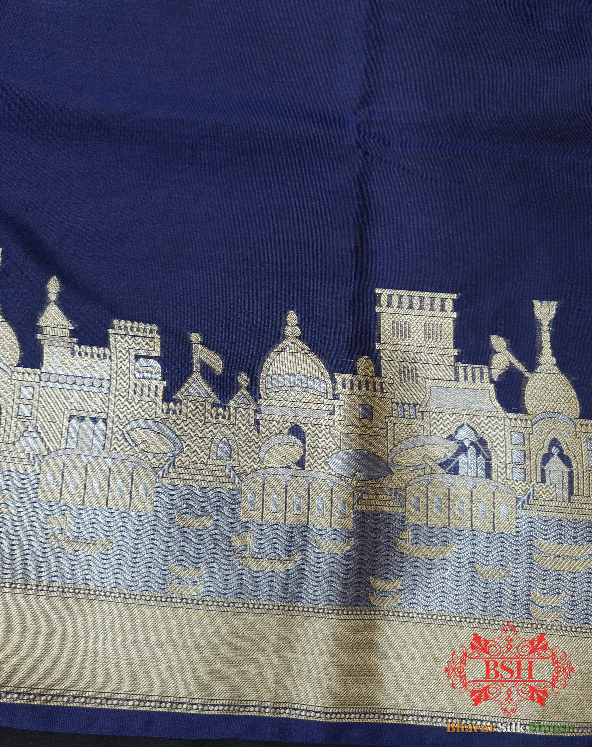 Blue Banaras Ghats Weaved Silk Saree - Bharat Silk House