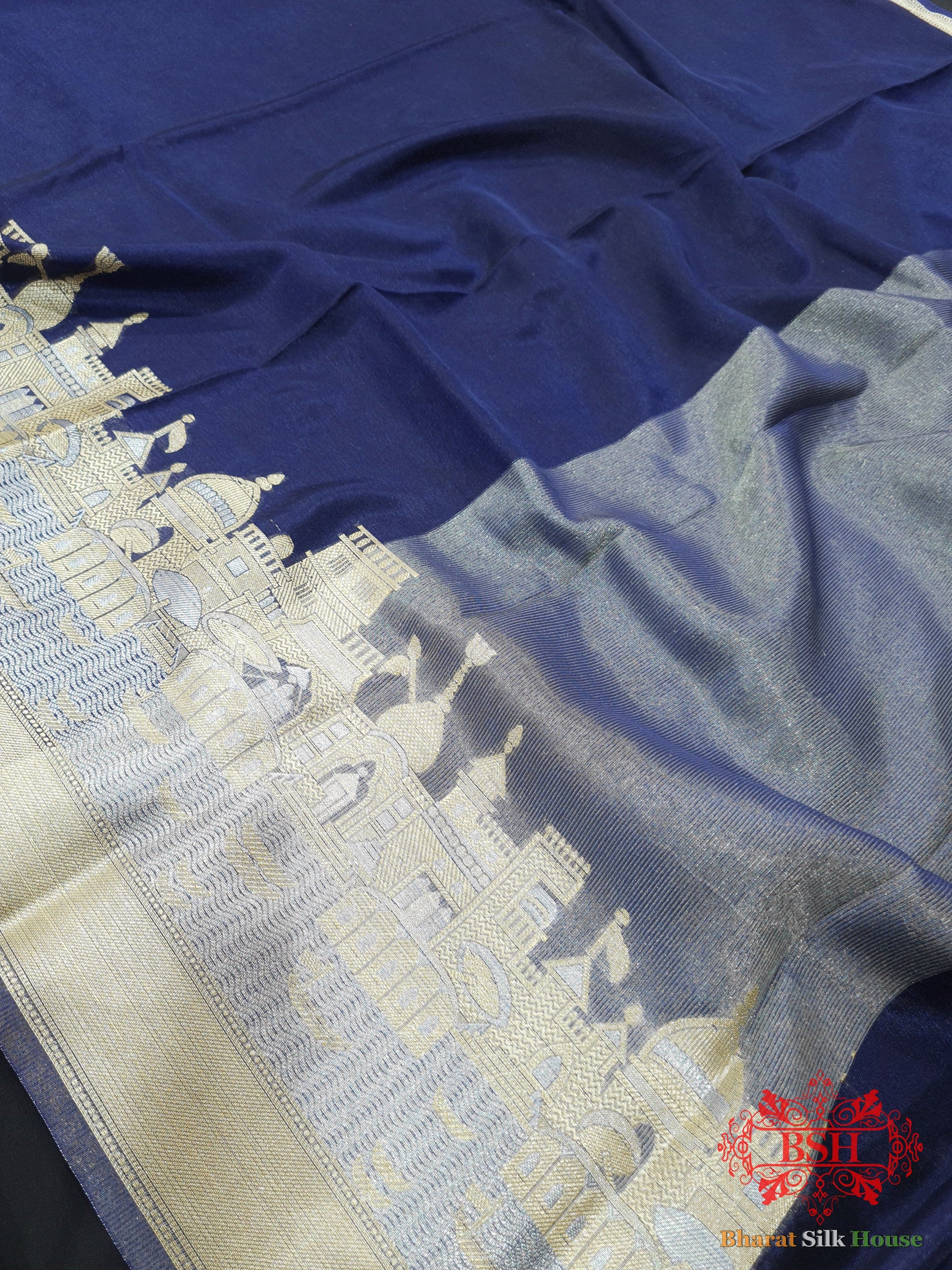 Blue Banaras Ghats Weaved Silk Saree - Bharat Silk House