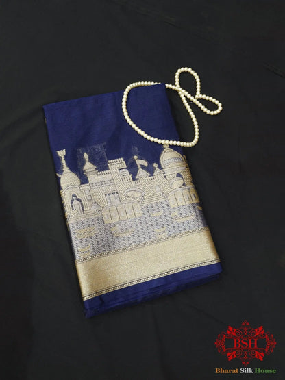 Blue Banaras Ghats Weaved Silk Saree - Bharat Silk House Semi-Silk