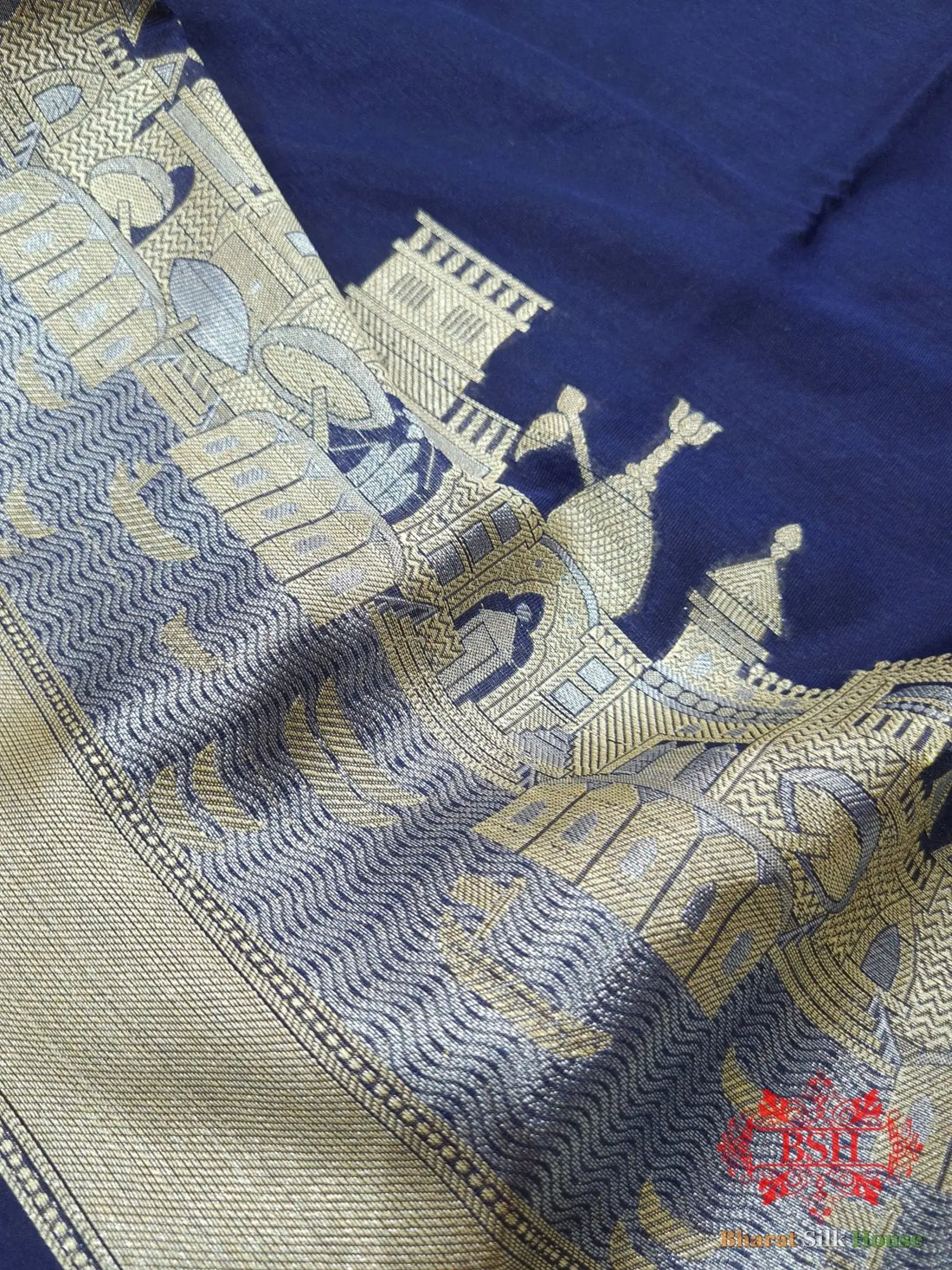 Blue Banaras Ghats Weaved Silk Saree - Bharat Silk House Semi-Silk