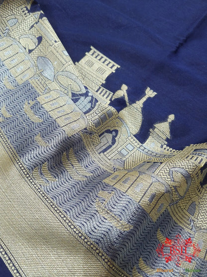 Blue Banaras Ghats Weaved Silk Saree - Bharat Silk House Semi-Silk