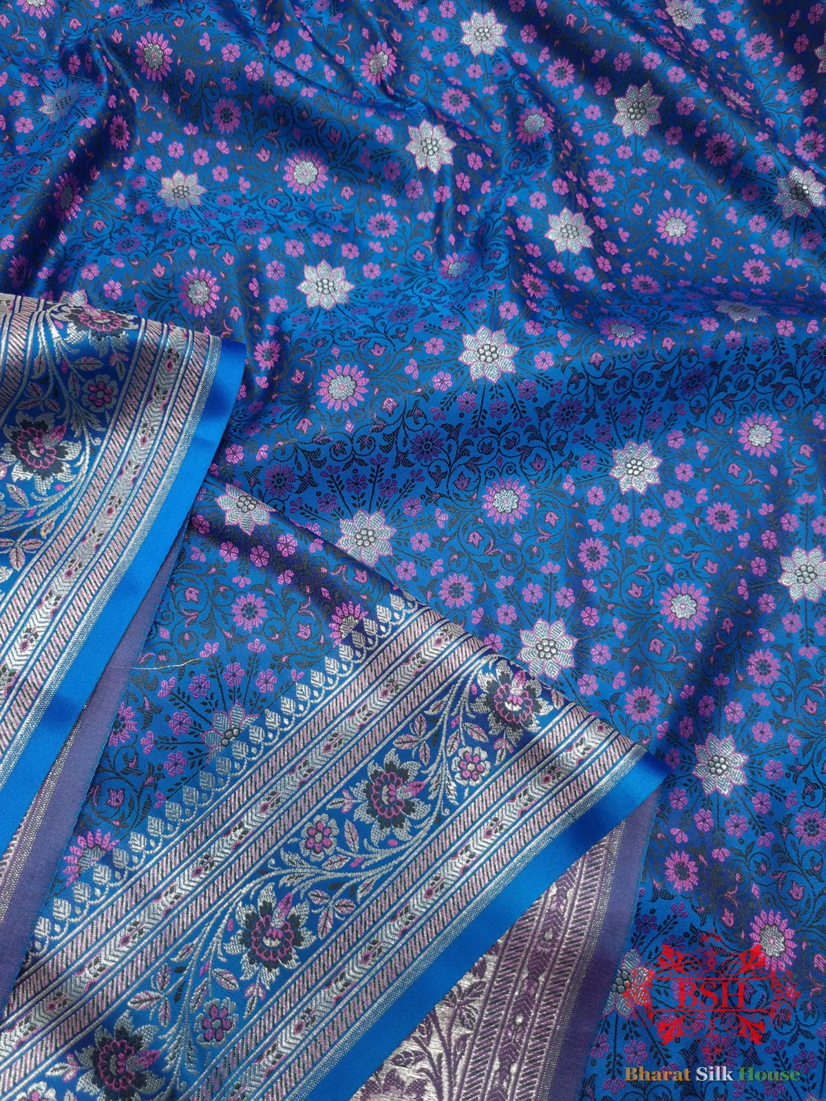 Blue Dohri Resham Zari Booti Tanchoi Silk Saree - Bharat Silk House Tanchoi katan