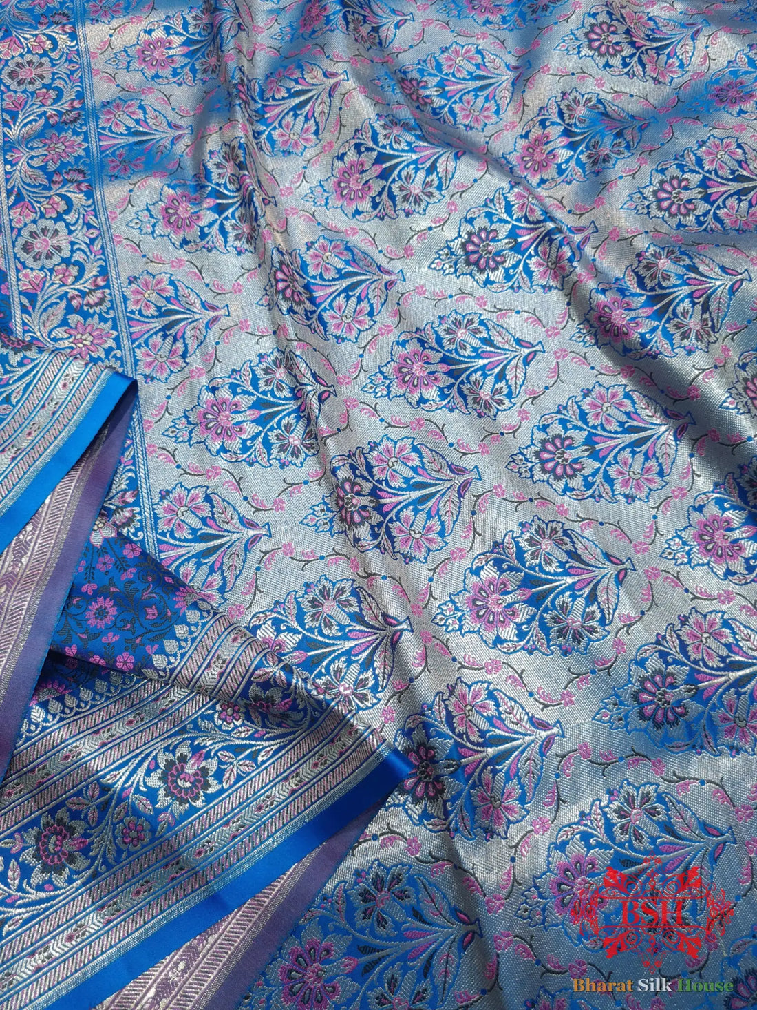 Blue Dohri Resham Zari Booti Tanchoi Silk Saree - Bharat Silk House Tanchoi katan