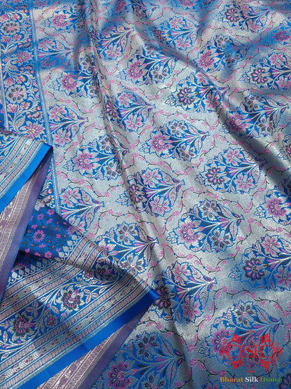 Blue Dohri Resham Zari Booti Tanchoi Silk Saree - Bharat Silk House Tanchoi katan