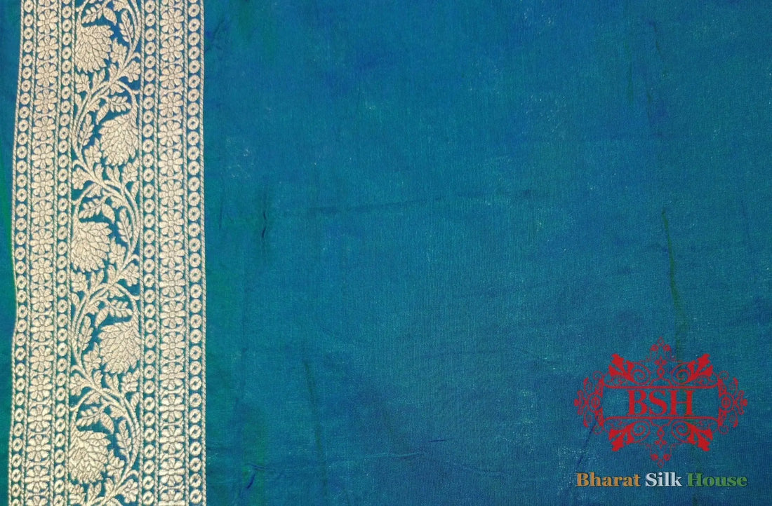Blue/Green Cross Color Pure Katan Silk Handwoven Banarasi Saree - Bharat Silk House Pure Kataan Silk