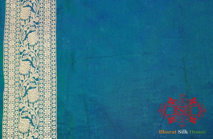 Blue/Green Cross Color Pure Katan Silk Handwoven Banarasi Saree - Bharat Silk House Pure Kataan Silk