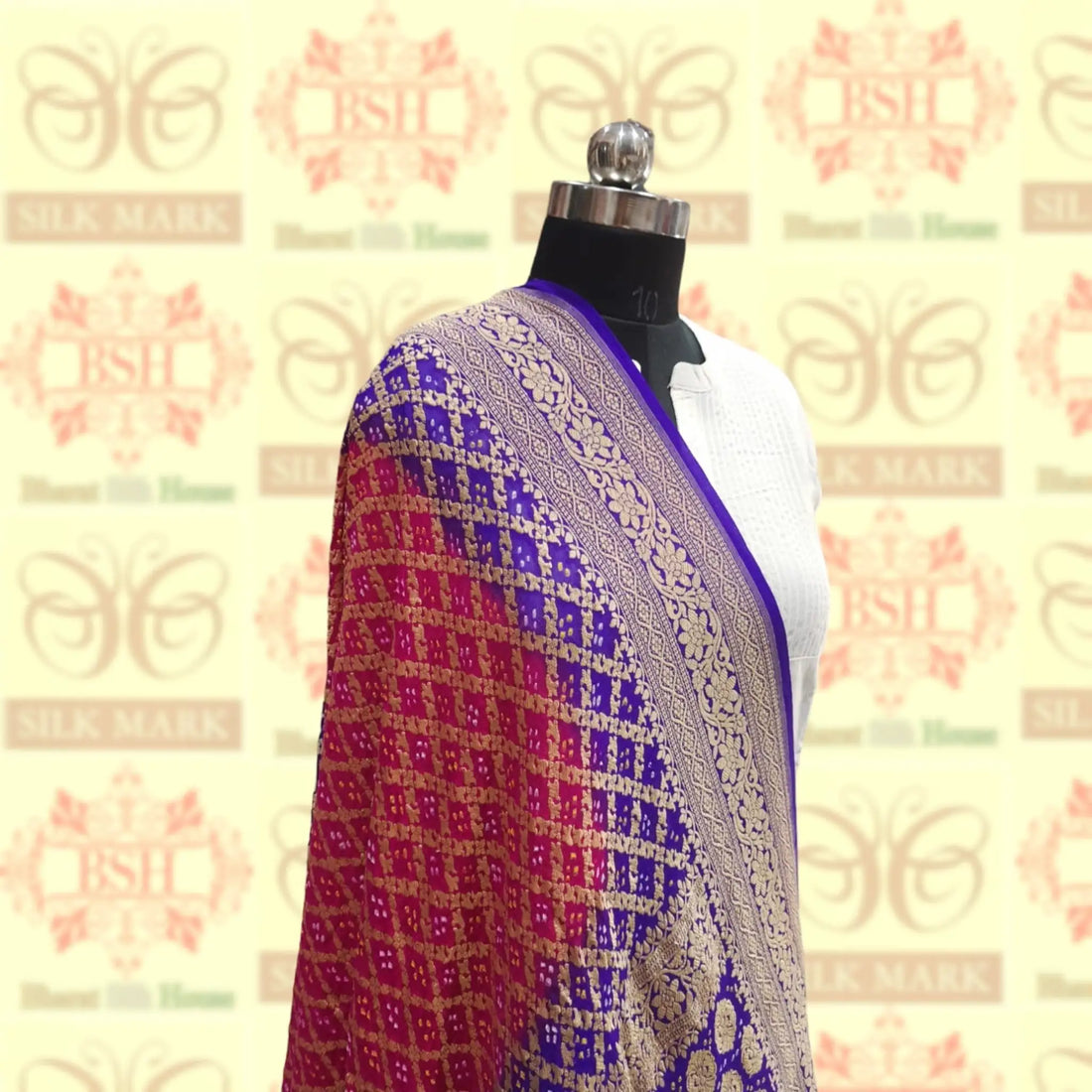Blue/Pink Georgette Banarasi Handloom Bandhani Dupatta - Bharat Silk House Bandhej