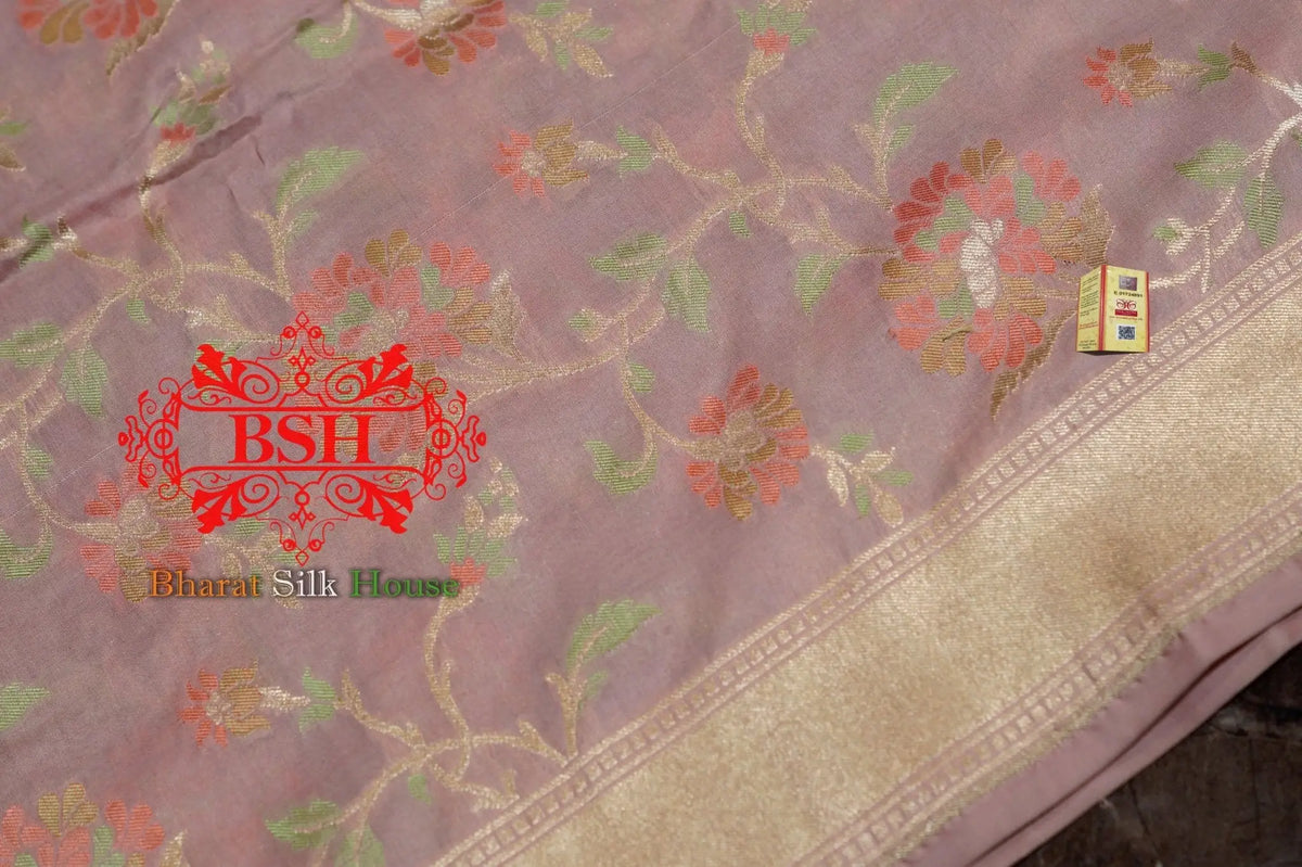 Blush Pink Handwoven Banarasi Pure Kataan Silk Dupatta - Bharat Silk House Pure Silk Dupatta