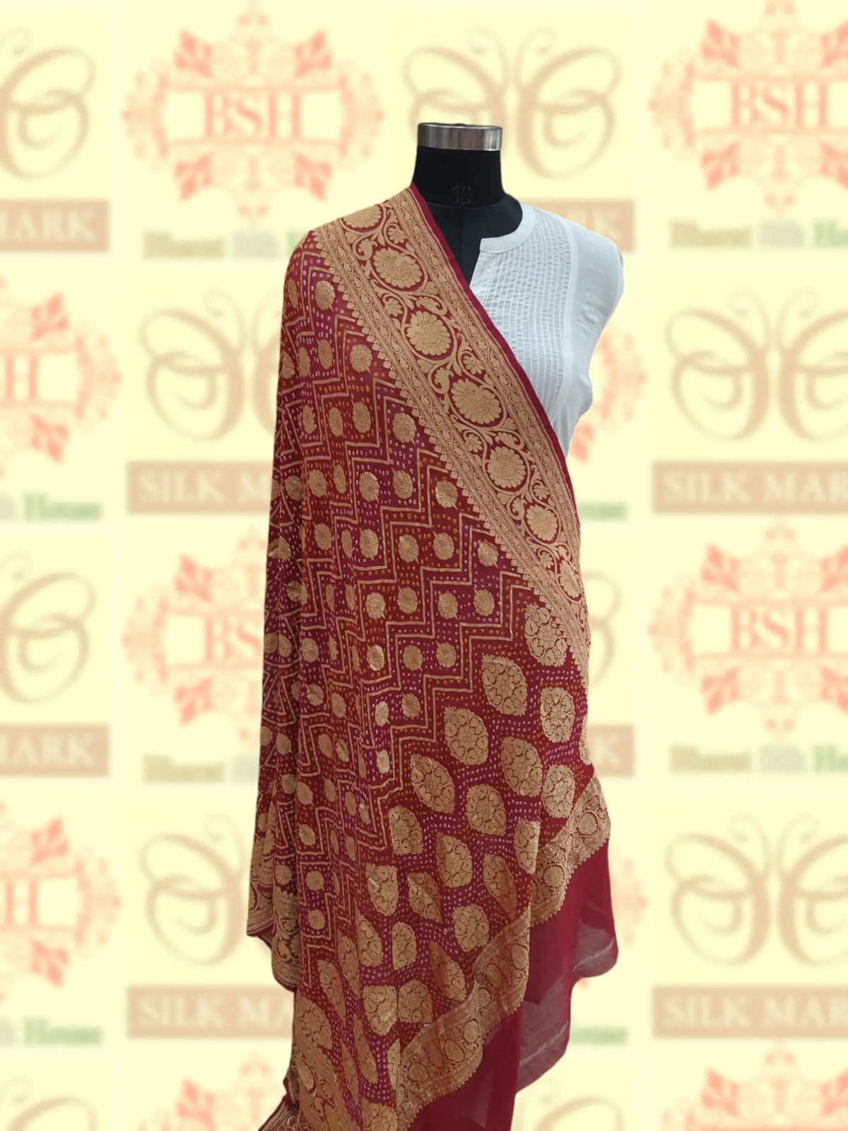 Brown/Red Georgette Banarasi Handloom Bandhani Dupatta - Bharat Silk House Bandhej