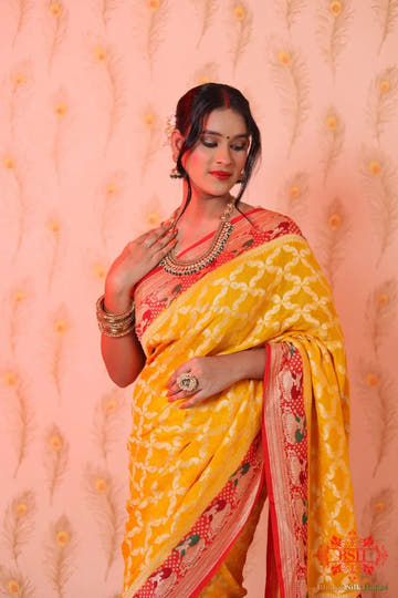 Canary Yellow Pure Banarasi Khaddi Chiffon Saree - Bharat Silk House Chiffon Sarees