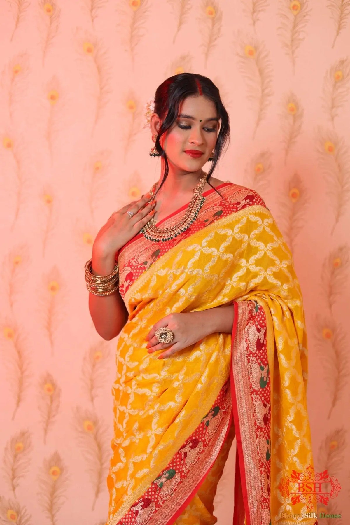 Canary Yellow Pure Banarasi Khaddi Chiffon Saree - Bharat Silk House Chiffon Sarees