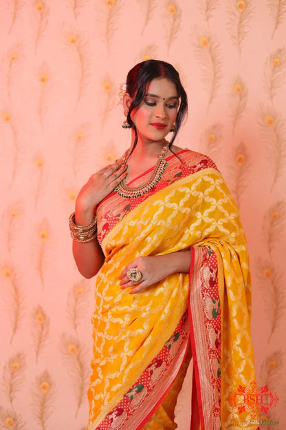 Canary Yellow Pure Banarasi Khaddi Chiffon Saree - Bharat Silk House Chiffon Sarees