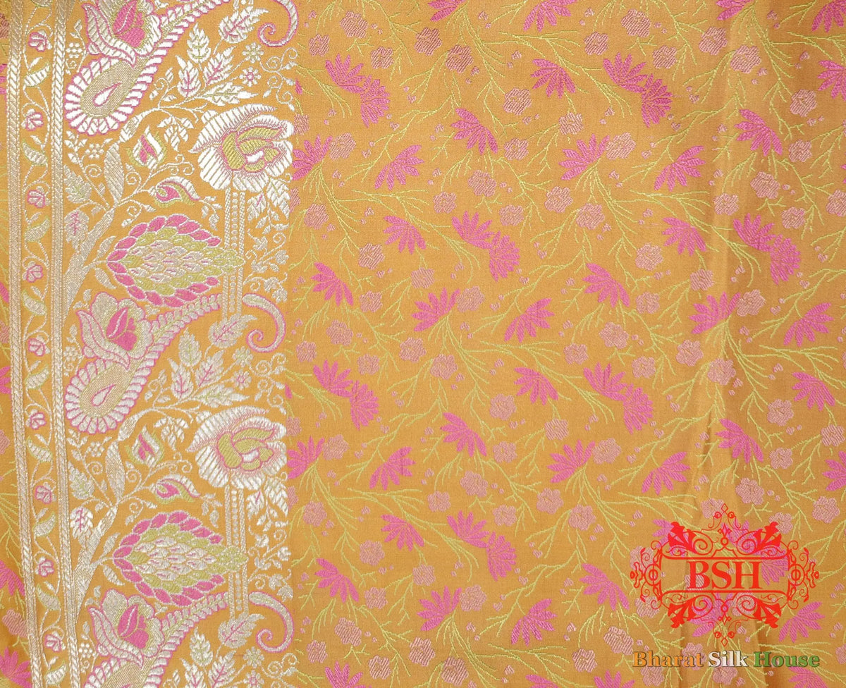Carrot Orange Dohri Resham Zari Booti Tanchoi Silk Saree - Bharat Silk House Tanchoi katan