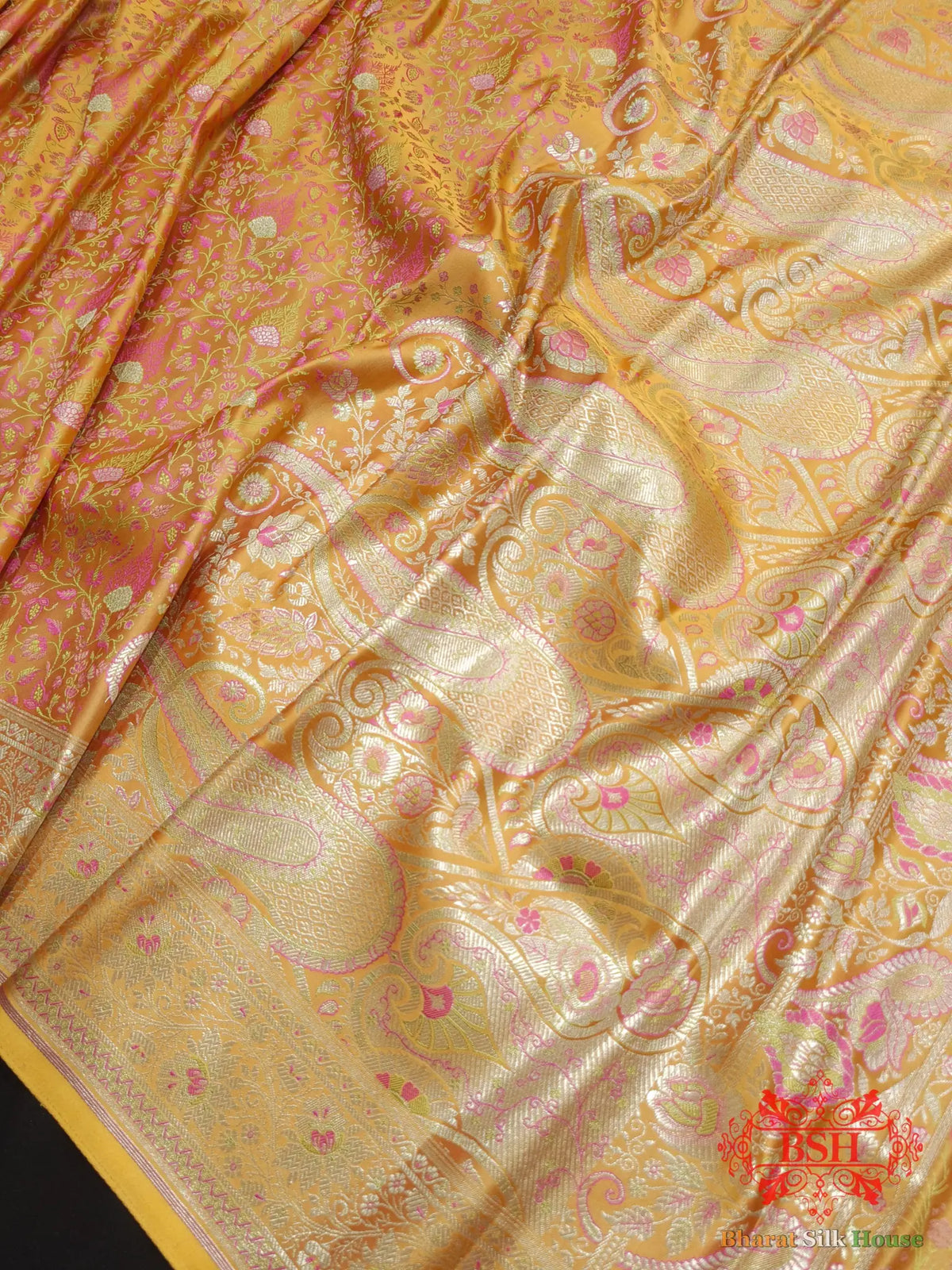 Carrot Orange Dohri Resham Zari Booti Tanchoi Silk Saree - Bharat Silk House Tanchoi katan